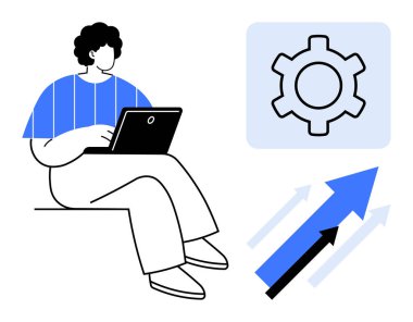 Bir dizüstü bilgisayar üzerinde çalışan bireyler, bir dişli simgesi ve yukarı doğru oklar gelişmeyi, büyümeyi ve üretkenliği simgeliyor. Teknoloji, ticaret, eğitim, yenilik, kariyer, strateji için ideal