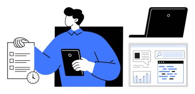 Tablet tutan adam, saat, dizüstü bilgisayar ve analitik gösterge paneli olan kontrol listesi. Üretkenlik, zaman yönetimi, dijital araçlar, proje izleme, iş akışı teknolojisi basit iniş için idealdir
