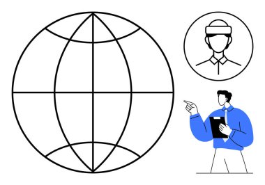 Profesyonel tabletleri olan büyük bir dünya ağı. Çemberdeki Avatar 'ı işaret ediyor. Teknoloji, küresel iletişim, yenilik, liderlik, ağ oluşturma, eğitim, uzaktan çalışma için ideal