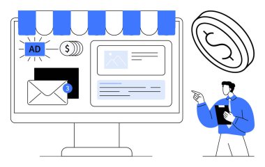 Bilgisayar ekranında reklamlar, e-postalar, finansal unsurlar ve işadamlarının el kol hareketi. Pazarlama, e-ticaret, analitik, iletişim, otomasyon iş stratejisi kurmak için ideal