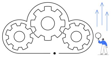 Bulut ana hatları işbirliği, yenilik ve verimliliği sembolize ediyor. Büyüme simgesini yukarı doğru oklarla dengeleyen kişi. Teknoloji, takım çalışması, strateji, süreç, büyüme yeniliği için ideal