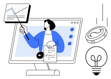 Monitör, grafik analizi, karı simgeleyen madeni para ve ampul fikri üzerine profesyonel sunum. İş, eğitim, finans, teknoloji, yaratıcılık için ideal online toplantılar