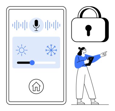 Mikrofon simgesiyle akıllı telefon arayüzü, ses dalgaları, ısı kontrol kaydıracı, büyük kilit anahtarı ve tablet tutan kişi. Akıllı ev, teknoloji, IOT, güvenlik otomasyon denetimi için ideal