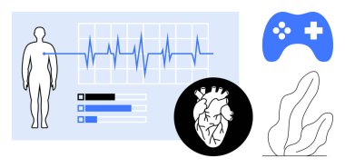 Kalp monitörlü insan taslağı, EKG grafiği, bar grafikleri, anatomik kalp ve oyun kontrolörü. Sağlık, kardiyoloji, fitness izleme, teknoloji oyunu veri analizi için ideal