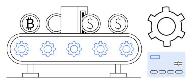 Taşıyıcı bant yanında şifreli para ve dolar sikkeleri ve dijital ödeme kartı taşıyor. Fintech, engelleme zinciri, otomasyon, e-ticaret, işlemler, teknoloji, basit iniş sayfası için ideal