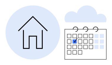 İşaretli tarih ve bulutlu arkaplan takviminin yanında ev çizgisi tasarımı. Uzaktan çalışma, planlama, konut, atamalar, organizasyon, teslim tarihleri, zaman yönetimi için ideal. En küçük düz düz