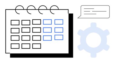 Aylık yerleşim planı, konuşma balonu ve takım çalışmasını, yönetimi veya organizasyonu sembolize eden dişli simgesi içeren bir takvim. İş akışları, verimlilik planlama toplantıları için ideal takım çalışması. Düz