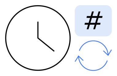Saati gösteren saat, mavi kutuda meta veri etiketi sembolü ve dairesel oklar. Zaman yönetimi için ideal, trend konular, sosyal medya, iş akışı, güncellemeler, modern tasarım basit iniş sayfası