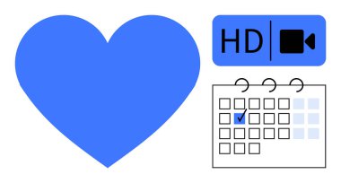 Mavi kalp tutkuyu sembolize eder, HD video ikonu kalite kaydını gösterir ve takvim de belirli bir tarihte olay planlamasını ön plana çıkarır. İçerik oluşturma, zamanlama, organizasyon, ortam için ideal