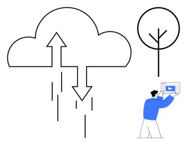 Veri transferini gösteren okları olan bulut, minimalist ağaç, videolu tableti tutan kişi. Teknoloji, bulut depolama, iletişim, çevre, medya ve eğitim için ideal basit iniş sayfası