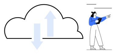 Tablet tutan ve işaret eden bir kadının yanındaki okları yükle ve indir. Bulut hesaplama, veri paylaşımı, teknoloji, yenilik, dijital işbirliği, çevrimiçi etkileşim için ideal