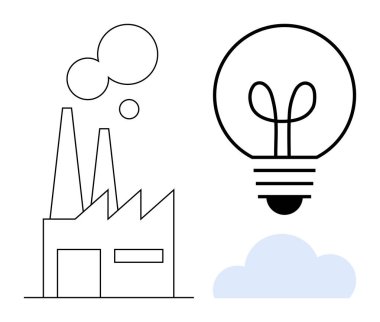 Basitleştirilmiş emisyonlu fabrika, yüzen ampul ve bulut. Yenilik, enerji, sürdürülebilirlik, endüstri, çevre dostu gelecek teknolojisi için ideal. Düz basit metafor