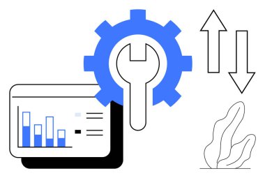 Vites ve ingiliz anahtarı araçları ve işlemleri sembolize eder. Analitik okların eğilimleri temsil ettiğini gösterir. Teknoloji, analitik, iş akışı, optimizasyon, performans, geliştirme, basit iniş sayfası için ideal