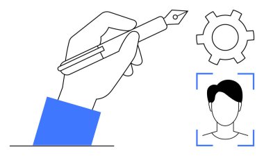 El ele tutuşan kalem, insan profili tanımlama çerçevesi, alet edevat ve işlem için teçhizat. Kişiselleştirme, kimlik, yaratıcılık süreci, yenilik, teknoloji, ayarlar için ideal