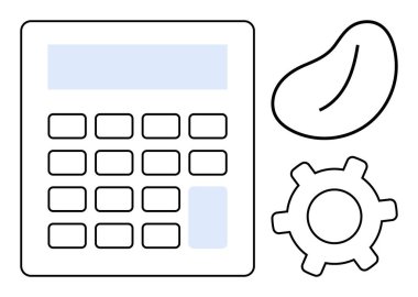 Vites ve fasulye ikonunun yanındaki hesap makinesi matematik, verimlilik, yenilik ve potansiyeli ön plana çıkarıyor. İş, analitik, bilim, eğitim, yaratıcılık geliştirme için idealdir. Basit metafor