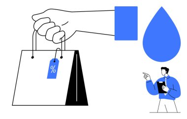 İçinde yüzde etiketi, mavi damlalar ve ofis çalışanı olan bir el çantası. Perakende, satış, indirim, e-ticaret, iş, pazarlama müşteri etkileşimi için idealdir.