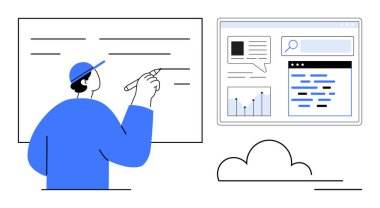 Teknede yazılar ve içinde grafikler, metin ve arama bulunan dijital gösterge paneli. Eğitim, beyin fırtınası, dijital planlama, takım çalışması, üretkenlik, veri analizi için ideal