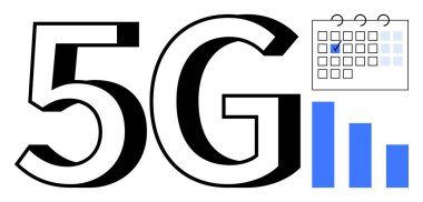 Kalın 5G metin bir takvim ve mavi çubuk grafiği ile eşleştirildi bağlantı, planlama ve teknolojik yeniliği temsil ediyor. İletişim, teknoloji, hız, planlama, ağlar, veri düzlüğü için ideal
