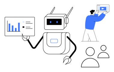 Robot ekranda analitik gösteriyor, insan görsel medyayı paylaşıyor, seyirci izliyor. AI, teknoloji, eğitim, dijital pazarlama, otomasyon, sunumlar için ideal