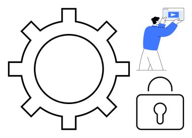 Vites çarkı süreci sembolize ediyor, güvenliği simgeliyor, kişi video platformuyla etkileşime geçiyor. Teknoloji, yenilik, süreç, güvenlik, dijital içerik, basit iniş sayfası için ideal