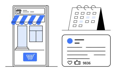 Dijital mağaza önü, perakende mağazası, tarihli takvim, sosyal medya işi. Ekommerce, programlama, içerik planlaması, pazarlama stratejisi, çevrimiçi varlık analizleri için ideal