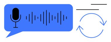 Ses dalgaları olan mikrofon simgesi dairesel oklarla birlikte konuşma baloncuğu içinde işlem tekrarını öneriyor. Ses tanıma, transkripsiyon, otomasyon, yapay zeka, iletişim, teknoloji için ideal