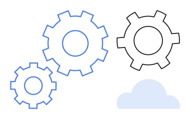Hareket halindeki üç dişli, takım çalışmasını simgeliyor, otomasyonu işliyor ve aşağıdaki bulut simgesiyle bütünleşiyor. Teknoloji, bulut hesaplama, mühendislik, iş sistemleri, veri akışı, takım çalışması için ideal