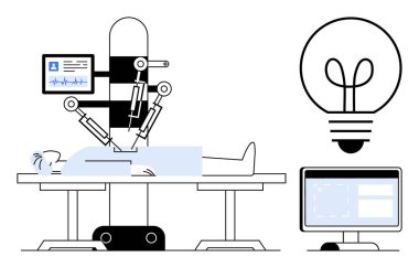 Hasta üzerinde robotik kol ameliyatı, hayati göstergeler, yeniliği sembolize eden ampul ve ekranları izleme. Sağlık, teknoloji, robot bilimi, yenilik ve ameliyat için ideal