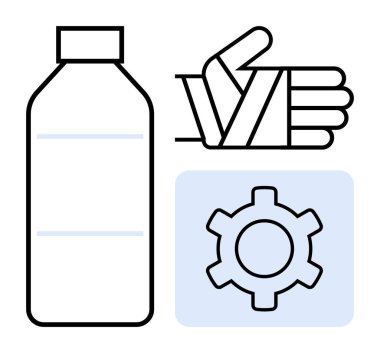 İçecek şişesi, bandajlı el ve güvenlik, spor, sağlık, sağlık, sağlık ve mühendislik için vites düzeneği. Sağlık kampanyaları ya da basit bir iniş sayfası için ideal