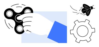 Kıpır kıpır dönen bir el hareketi, hareket halinde uçan bir böcek, hareket, odaklanma ve mekanik gösteren vites sembolü. Konseptler için ideal verimlilik, farkındalık, stres atma, dinlenme