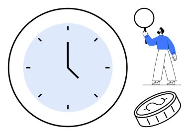 Saati gösteren büyük bir saat, çember tutan bir adam ve para çizgisi. Zaman planlama, denge, üretkenlik, hedef belirleme, tasarruf, karar verme sade iniş sayfası için ideal