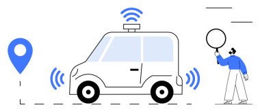 Otomatik araç konum işaretleyicisi yakınında sinyaller yayar ve balonlu kişi, ışıklandırma teknolojisi, navigasyon, yenilik, otomasyon, akıllı ulaşım, kentsel hareketlilik. Uygulama tasarımı için ideal