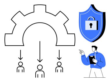 Ekip üyelerine görev dağılımı, veri güvenliğini sembolize eden kilitli kalkan, işlem akışına işaret eden profesyoneller. Yönetim, takım çalışması, güvenlik, verimlilik ve yenilik için ideal