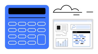 Çizelgeler, arama çubuğu ve metin içeren bir web sayfası arayüzünün yanındaki hesap makinesi. Finans, analitik, teknoloji, bulut hesaplama, eğitim, web tasarımı için ideal