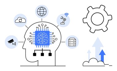 Yapay zeka çipli insan kafası, bulut, robot bilimi, veri ve büyüme elementlerine bağlı. Yapay zeka, makine öğrenimi, yenilik, otomasyon robot teknolojisi için idealdir. Basit bir metafor.