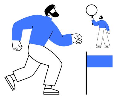 Bir şahıs elinde bayrakla kale direğine doğru koşuyor, diğeri de yuvarlak bir levha tutuyor. Takım çalışması, başarı, hedef belirleme, başarı, işbirliği, motivasyon, basit iniş sayfası için ideal