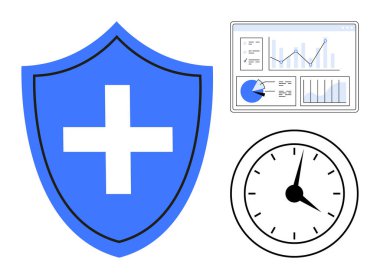 Mavi kalkan, çapraz veri analizi gösterge paneli ve saat, güvenlik, verimlilik ve zaman takibi. Sağlık, veri güvenliği, performans, üretkenlik analizi için ideal zaman tasarrufu