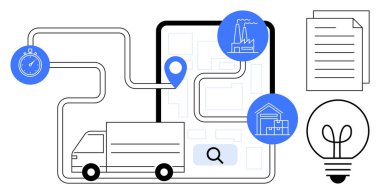 Teslimat güzergahını belirleyen kamyon. Pin, saat, fabrika, depo, belgeler, ampul. Lojistik, dağıtım, otomasyon iş planlama zinciri yenilikleri için ideal