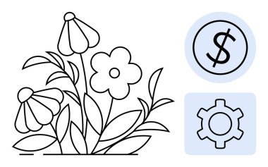 Dolar sembolü ve teçhizatla çevrili narin çiçekler doğa, finans ve teknoloji arasındaki dengeyi temsil ediyor. Sürdürülebilirlik, yenilik, eko-finans, üretkenlik, büyüme için ideal