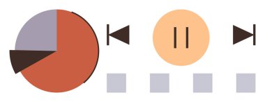 Pie chart representing progress, media playback icons including play, pause, forward, and backward. Ideal for music, video, streaming, data visualization progress tracking technology simple flat