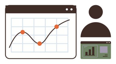 Eğilim çizgisi ve veri noktaları, kullanıcı simgesi ve bar tablosu arayüzü içeren grafikler. Analiz, istatistik, iş büyümesi, performans takibi, araştırma ve basit düz metafor için ideal