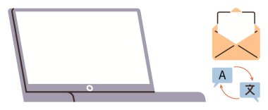 Bir e-posta zarfı ve çeviri simgelerinin yanında, iletişimi, dil alışverişini, küresel bağlantıyı, online araçları, iş dünyasını, eğitimi ve kültürel çeşitliliği temsil eden bir dizüstü bilgisayar aç. Basit düz