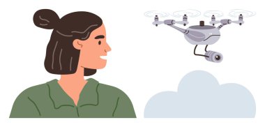 Bir kadın bulutun üzerinde kamerayla uçan bir drona bakıyor. Teknoloji, yenilik, gözetleme, hobiler, fotoğrafçılık, uzaktan kumanda, iletişim kavramları için idealdir. Basit bir daire.