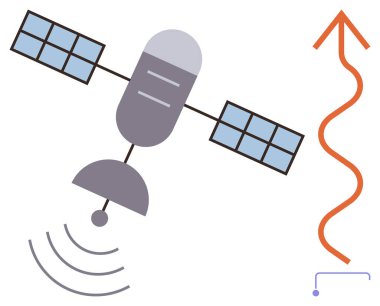 Güneş panelleri olan uydu iletişim ve veri iletimi için dalgalar gönderiyor. Teknoloji, iletişim, bağlantı, GPS, uzay araştırması, yayın, veri ağı için ideal. Basit düz
