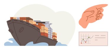 Konteynır dolu kargo gemisi dalgalar üzerinde hareket ediyor, eliyle istatistiksel bir haritayı işaret ediyor. Lojistik, nakliye, ticaret, iş büyümesi, analiz, karar verme sürekliliği için idealdir. Basit düz