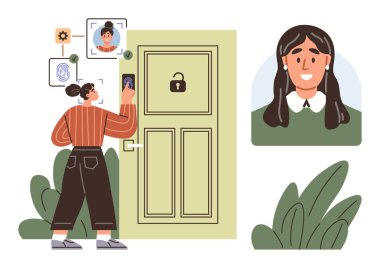 Person unlocking door via facial recognition with biometric and fingerprint verification technology. Ideal for security, innovation, privacy, smart home, technology, convenience, safety. Simple flat