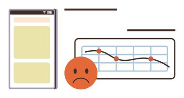 Declining trend graph connected with sad face beside smartphone screen. Ideal for business loss, poor performance, analytics, disappointment, failure, trends, strategy. Simple flat metaphor