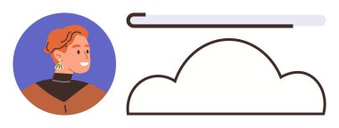 Bulut simgesi ve ilerleme çubuğunun yanındaki kişinin portresi. Bulut hesaplama, veri depolama, dosya yükleme, kişisel profiller, teknoloji, kullanıcı etkinliği, basit düz metafor