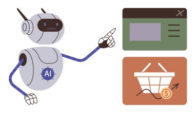 Robot, AI 'nin online alışveriş sitesi arayüzüne ve büyüme grafiğiyle birlikte e-ticaret sepeti simgesine işaret ettiğini etiketledi. Yapay zeka, otomasyon, e-ticaret, teknoloji, dijital pazarlama, analitik, basit