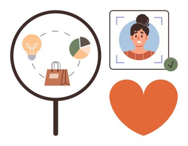 Magnifying glass highlighting shopping bag, pie chart, and lightbulb with user profile verification and heart icon. Ideal for customer research, personalization, branding, marketing, innovation, data
